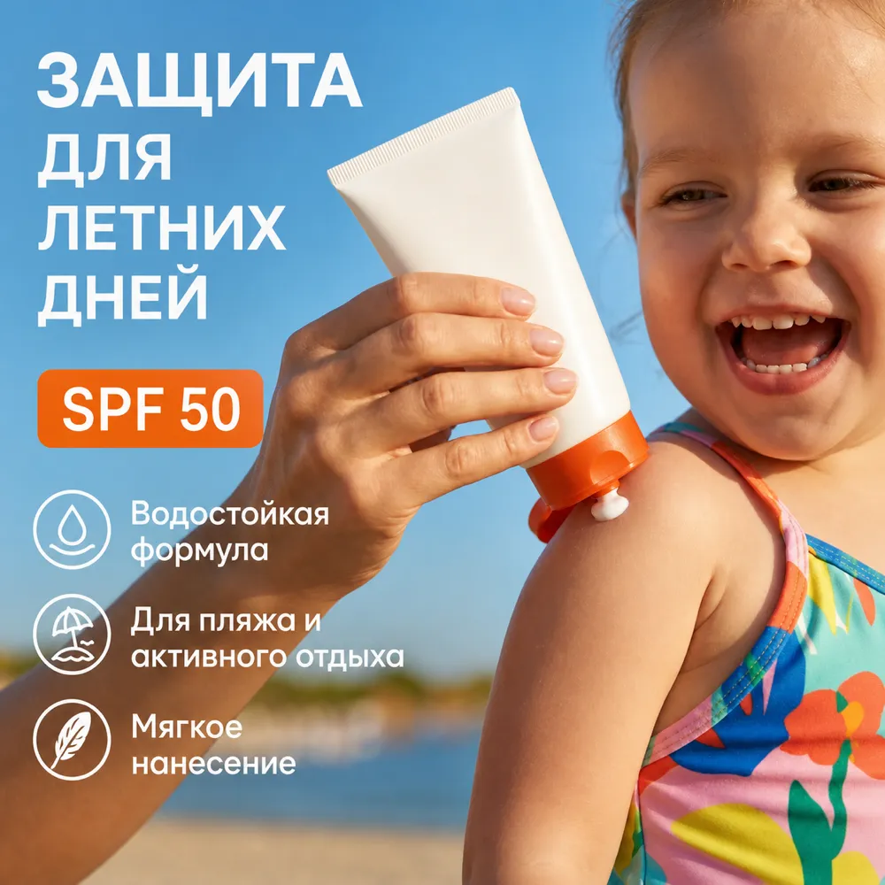 Applying SPF 50 sunscreen to a smiling child at the beach｜AI Image Generation Prompts