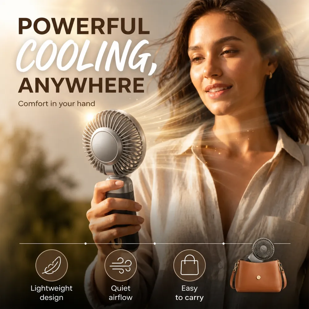 Woman holding a powerful portable handheld fan outdoors｜AI Image Generation Prompts