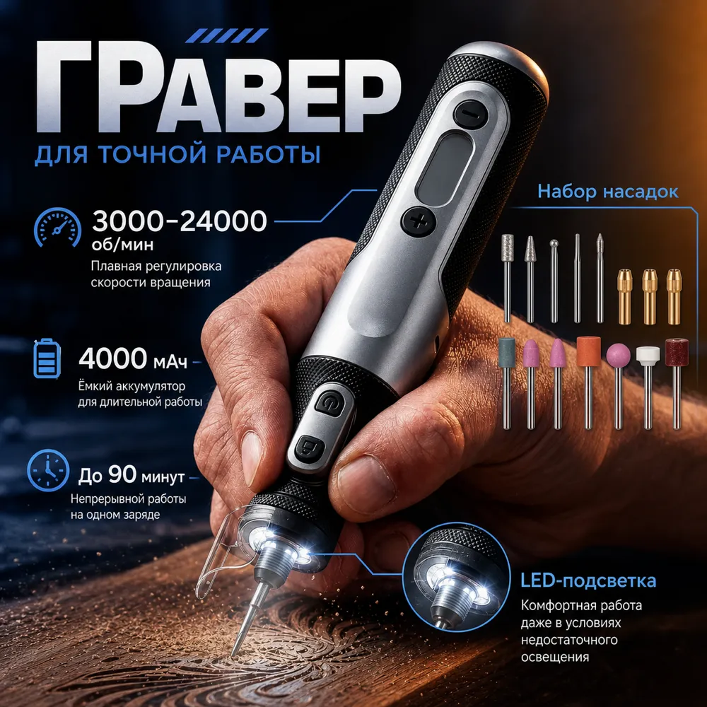 Handheld rotary engraver tool with LED light and bits｜AI Image Generation Prompts