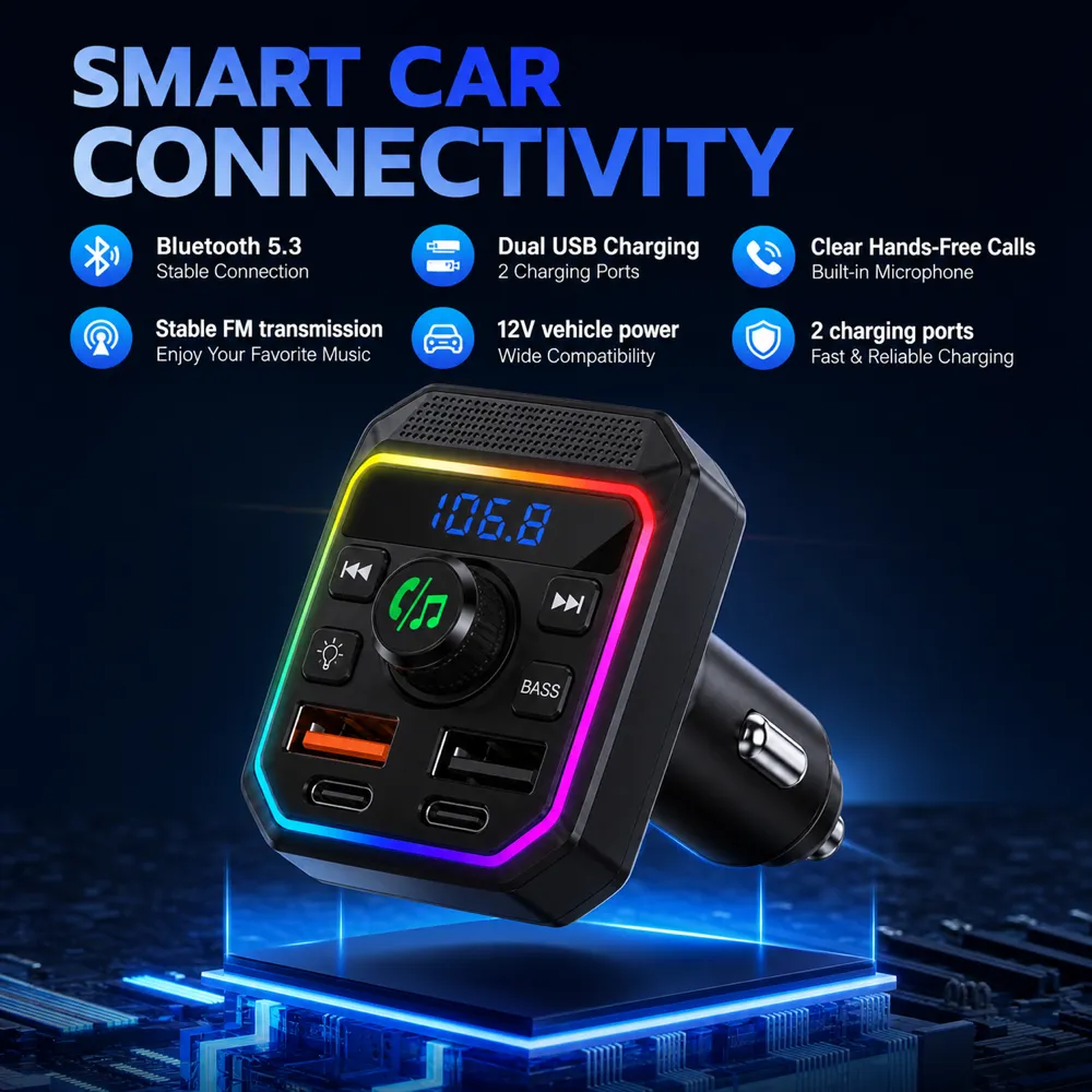 Smart Car Bluetooth FM Transmitter with USB Charging｜AI Image Generation Prompts