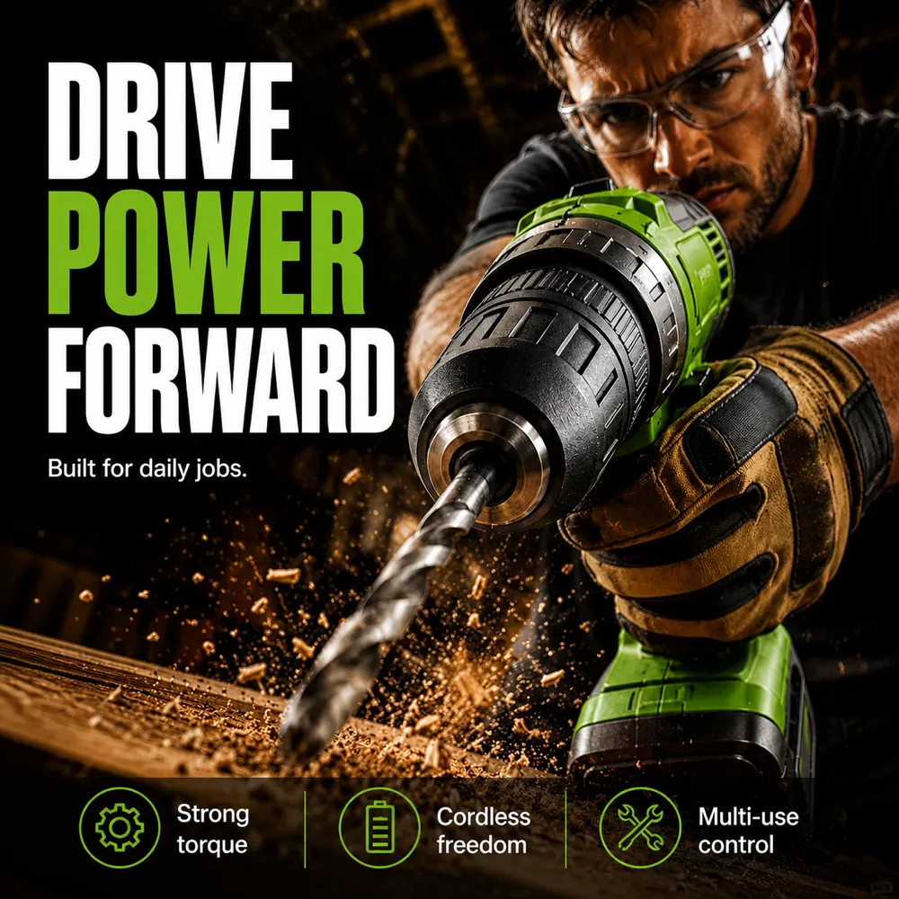 Man using green cordless power drill for daily jobs｜AI Image Generation Prompts