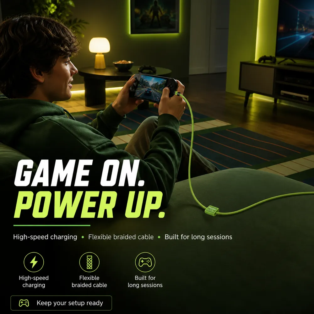 Gamer using green braided charging cable for mobile play｜AI Image Generation Prompts