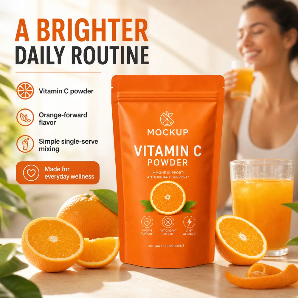 Vitamin C Powder Pouch Mockup with Fresh Oranges｜AI Image Generation Prompts