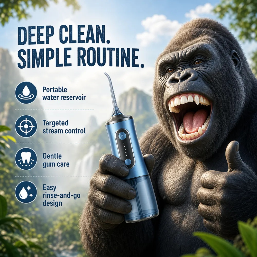 Gorilla holding portable water flosser with thumbs up｜AI Image Generation Prompts