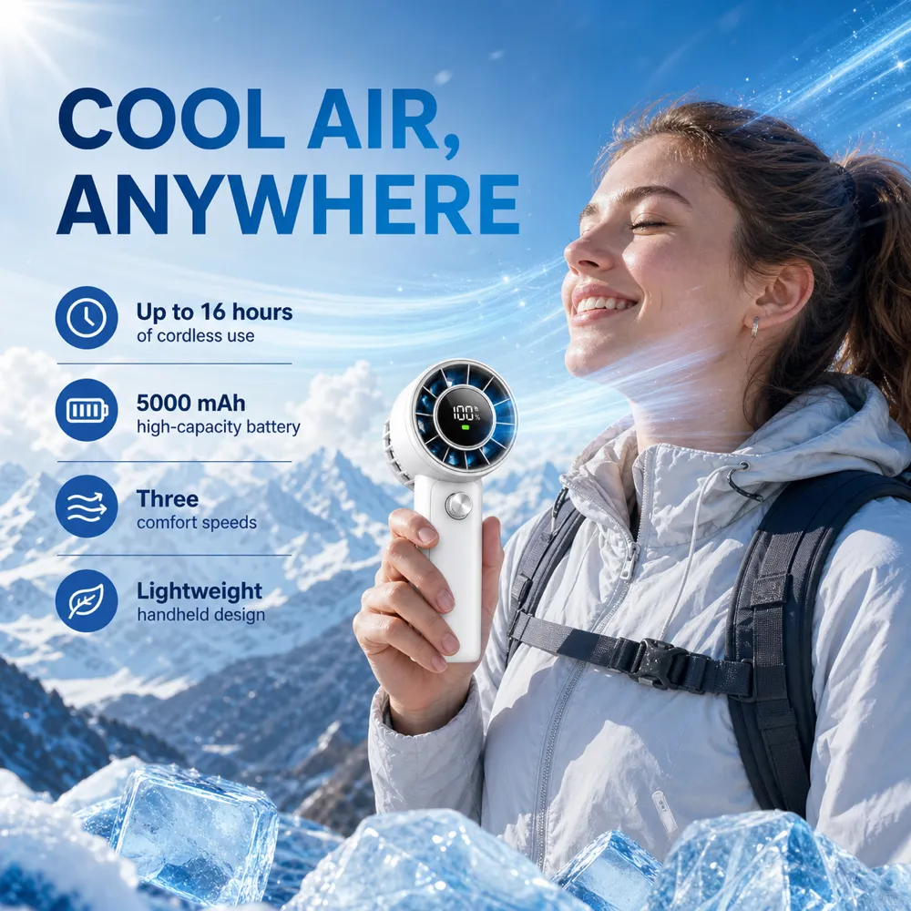Woman using portable handheld fan in snowy mountains｜AI Image Generation Prompts
