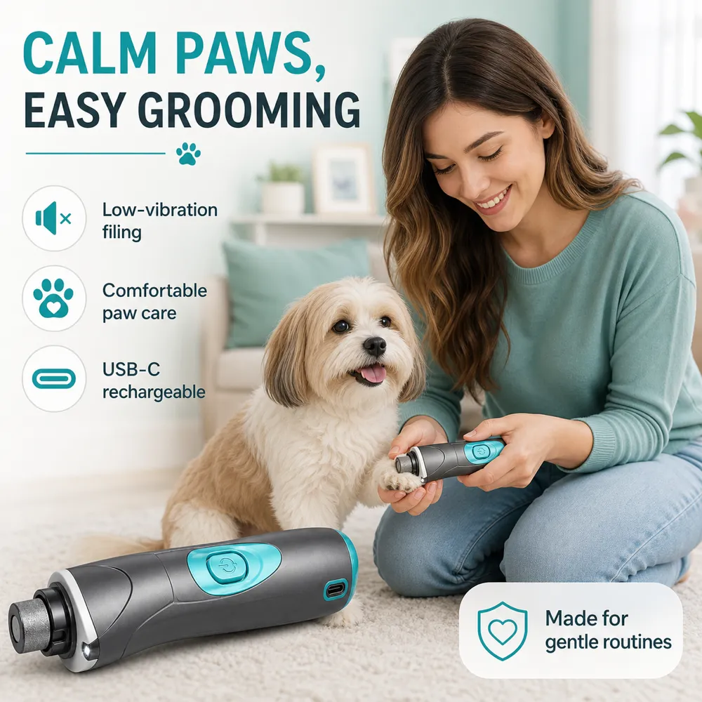 Woman grooming small dog with electric nail grinder｜AI Image Generation Prompts