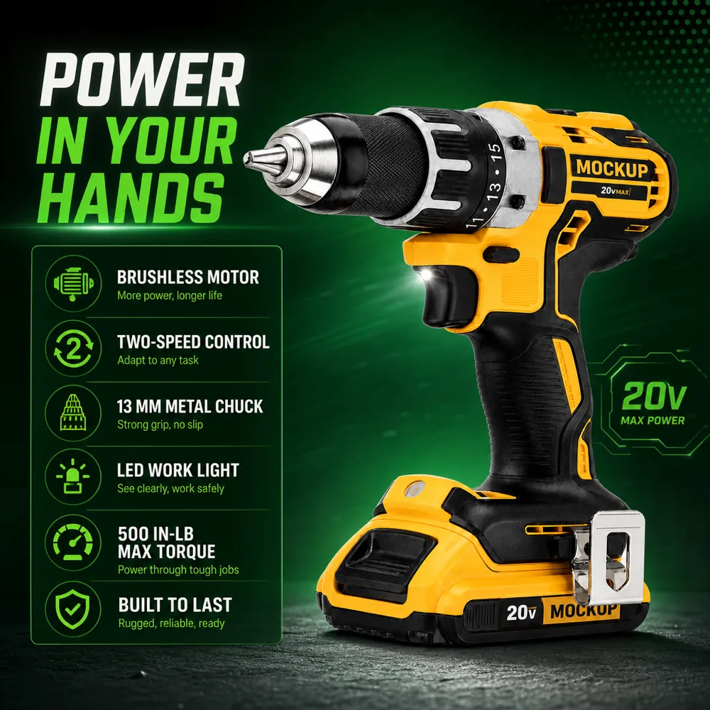 Yellow 20V Cordless Drill Mockup with Features｜AI Image Generation Prompts