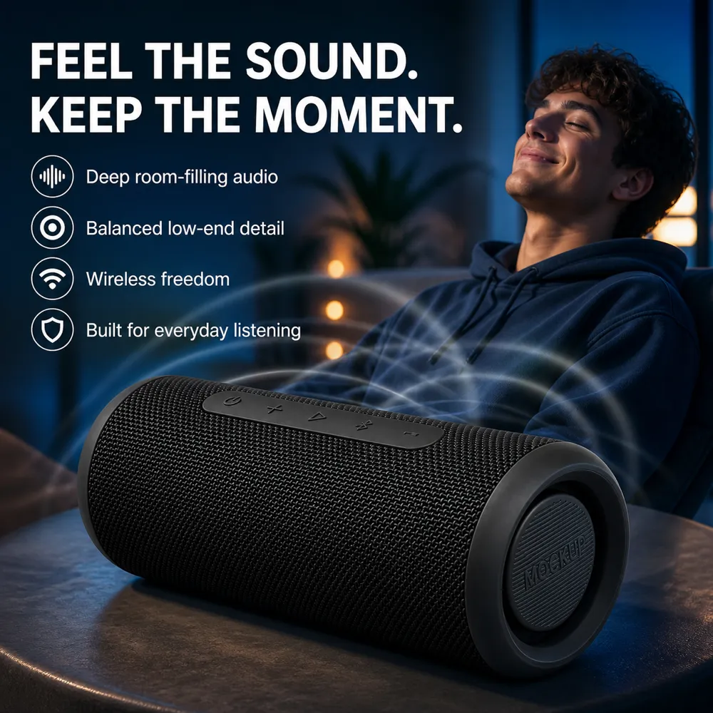 Man enjoying wireless speaker audio in living room｜AI Image Generation Prompts