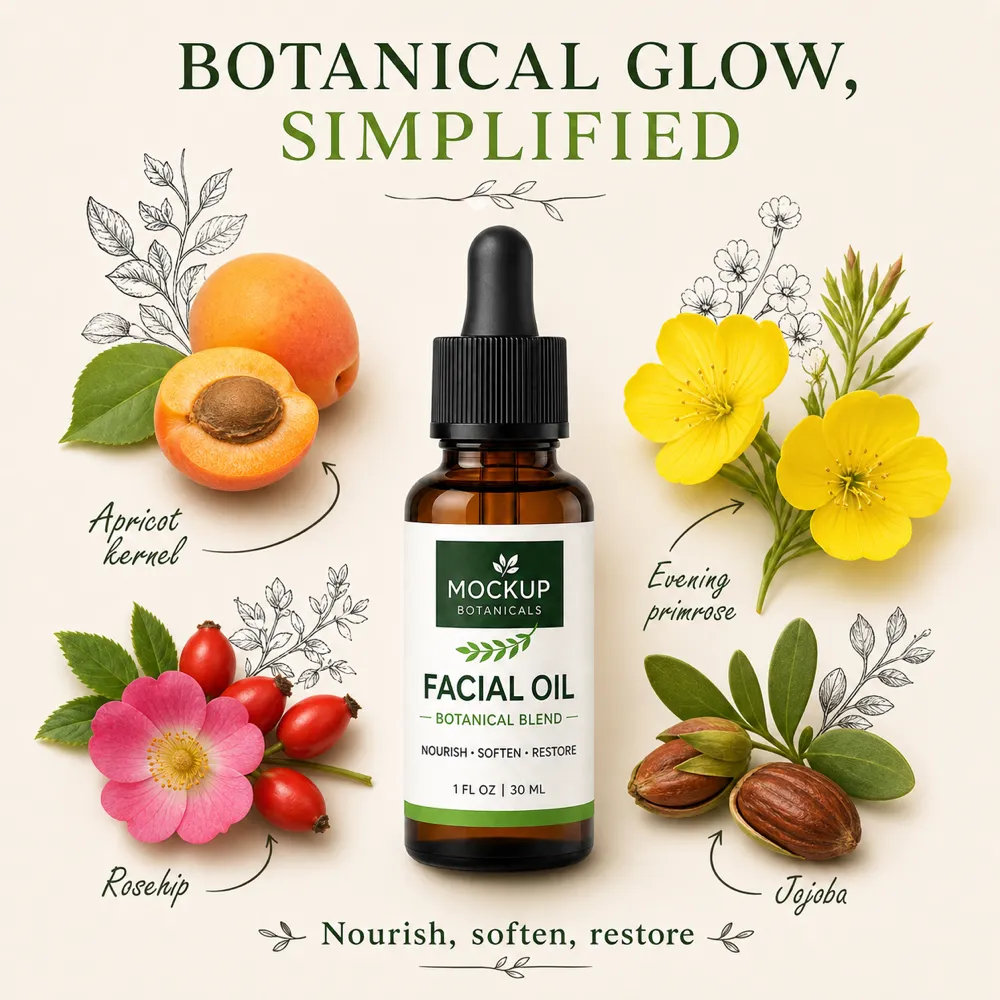 Botanical Facial Oil Mockup with Natural Ingredients｜AI Image Generation Prompts