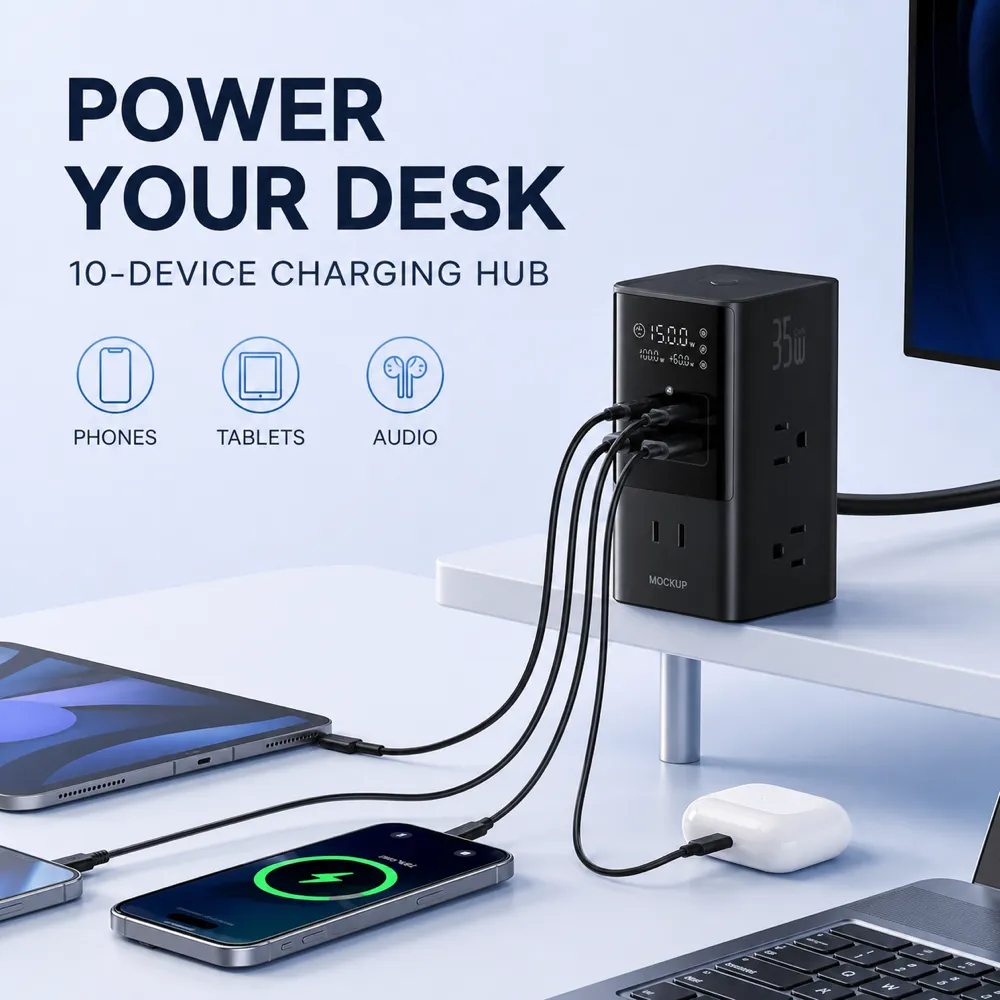 10-Device Charging Hub Powering Desk Electronics｜AI Image Generation Prompts