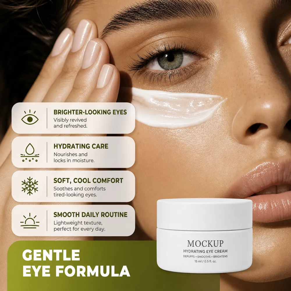 Woman applying hydrating eye cream mockup ad｜AI Image Generation Prompts