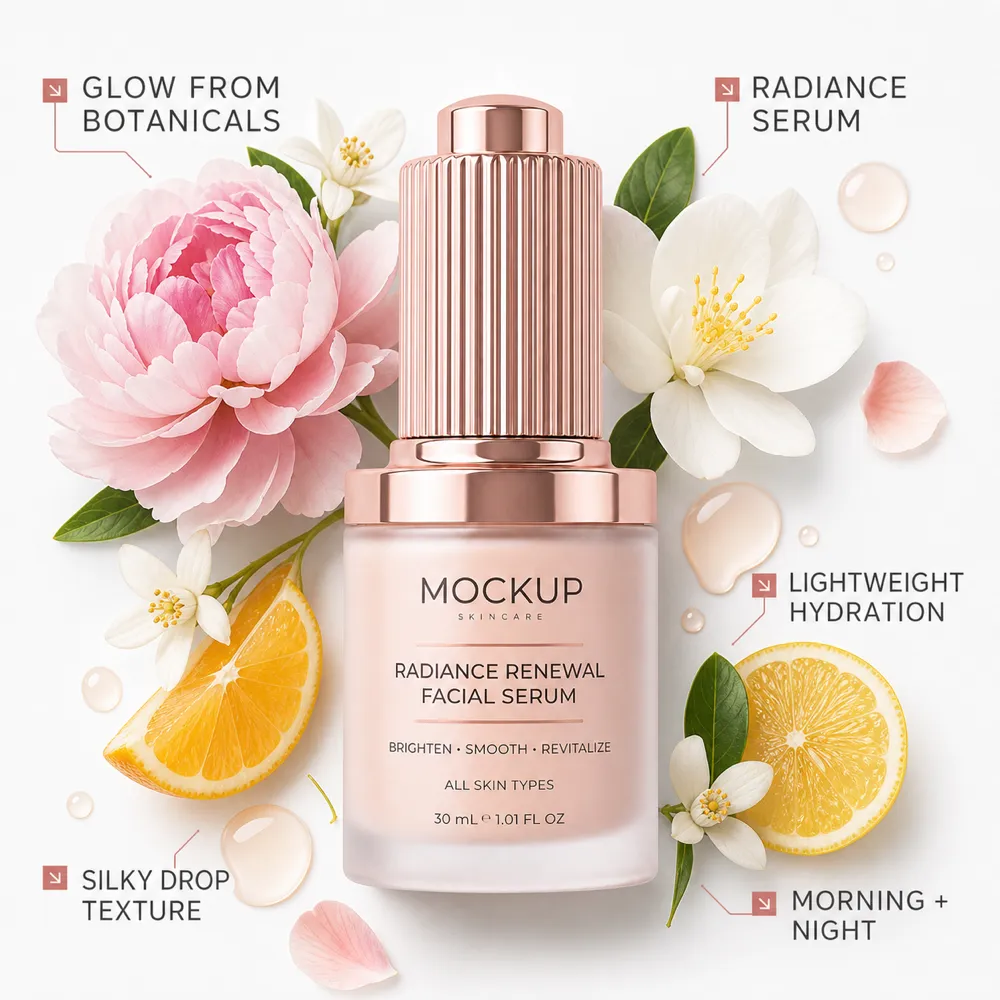 Radiance Renewal Facial Serum Bottle Mockup｜AI Image Generation Prompts