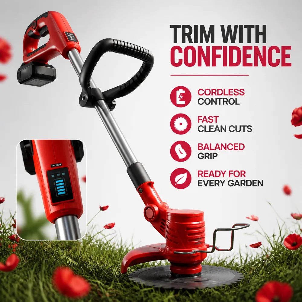 Red Cordless Grass Trimmer for Garden Maintenance｜AI Image Generation Prompts