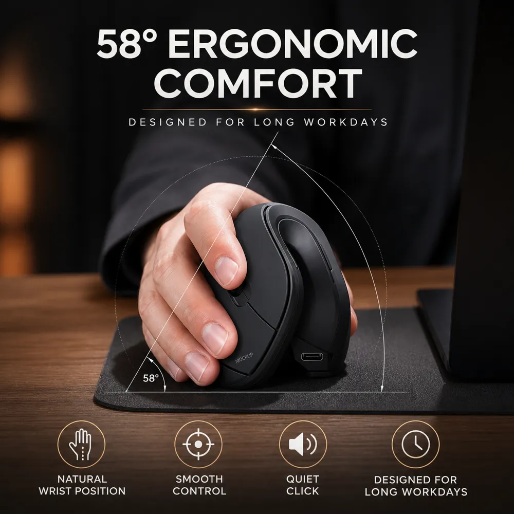58 Degree Ergonomic Mouse for Long Workdays｜AI Image Generation Prompts