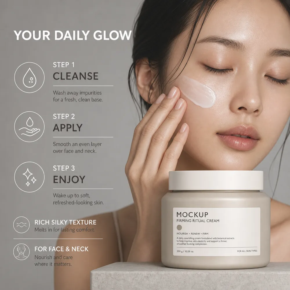 Woman applying firming cream skincare routine steps｜AI Image Generation Prompts