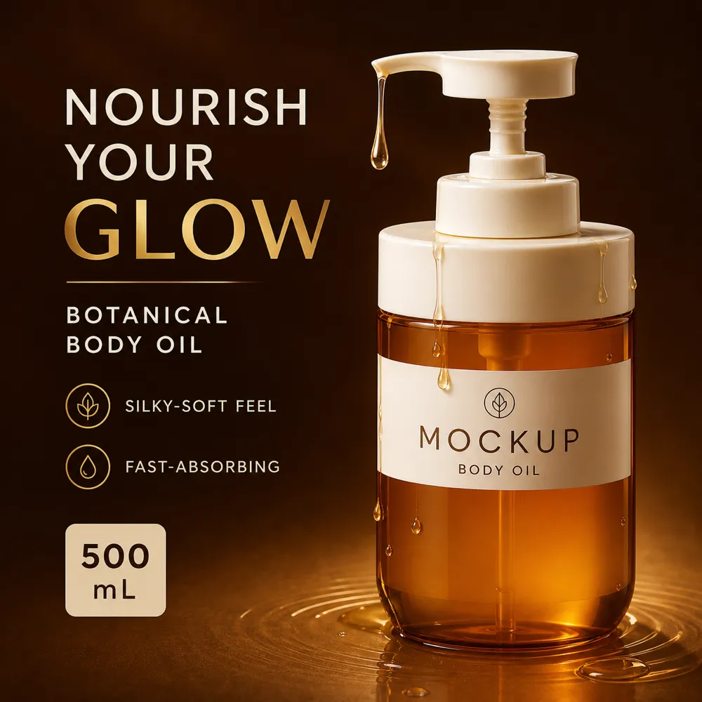Botanical Body Oil Pump Bottle Mockup 500ml｜AI Image Generation Prompts