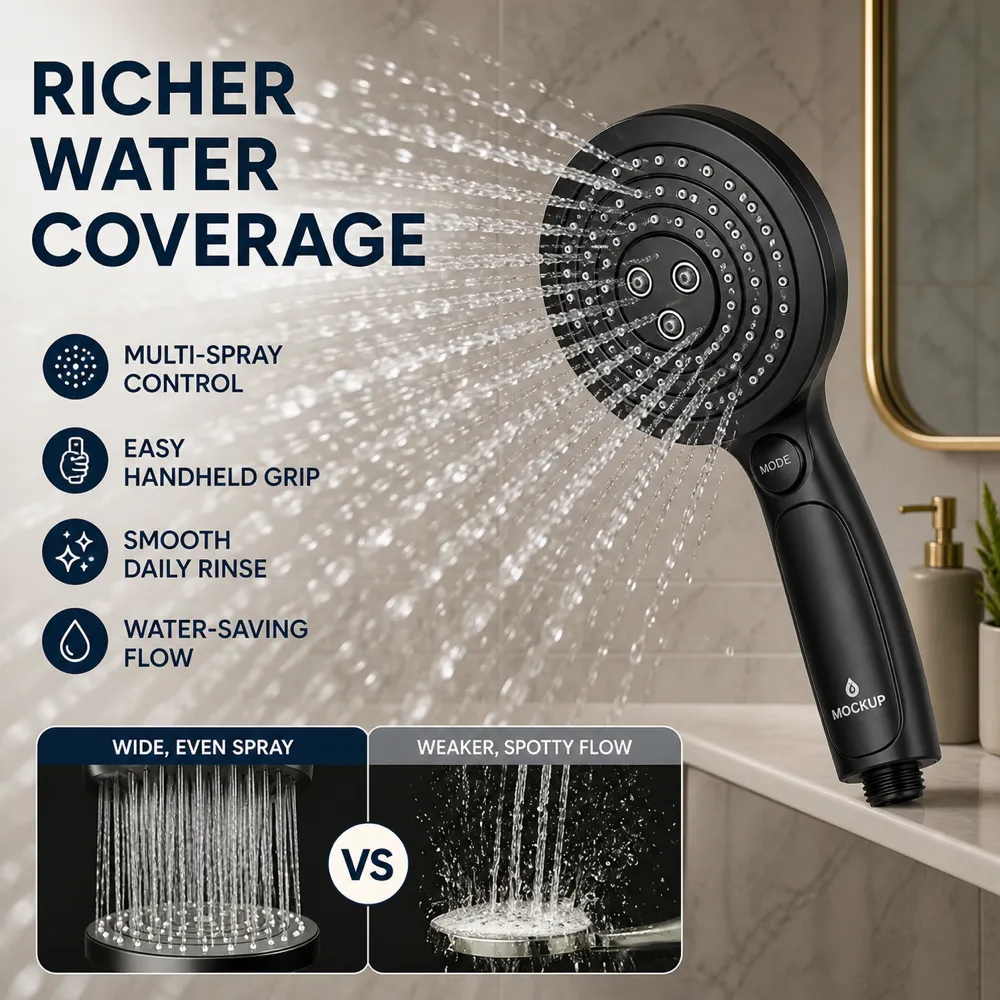 Black Handheld Shower Head with Richer Water Coverage｜AI Image Generation Prompts