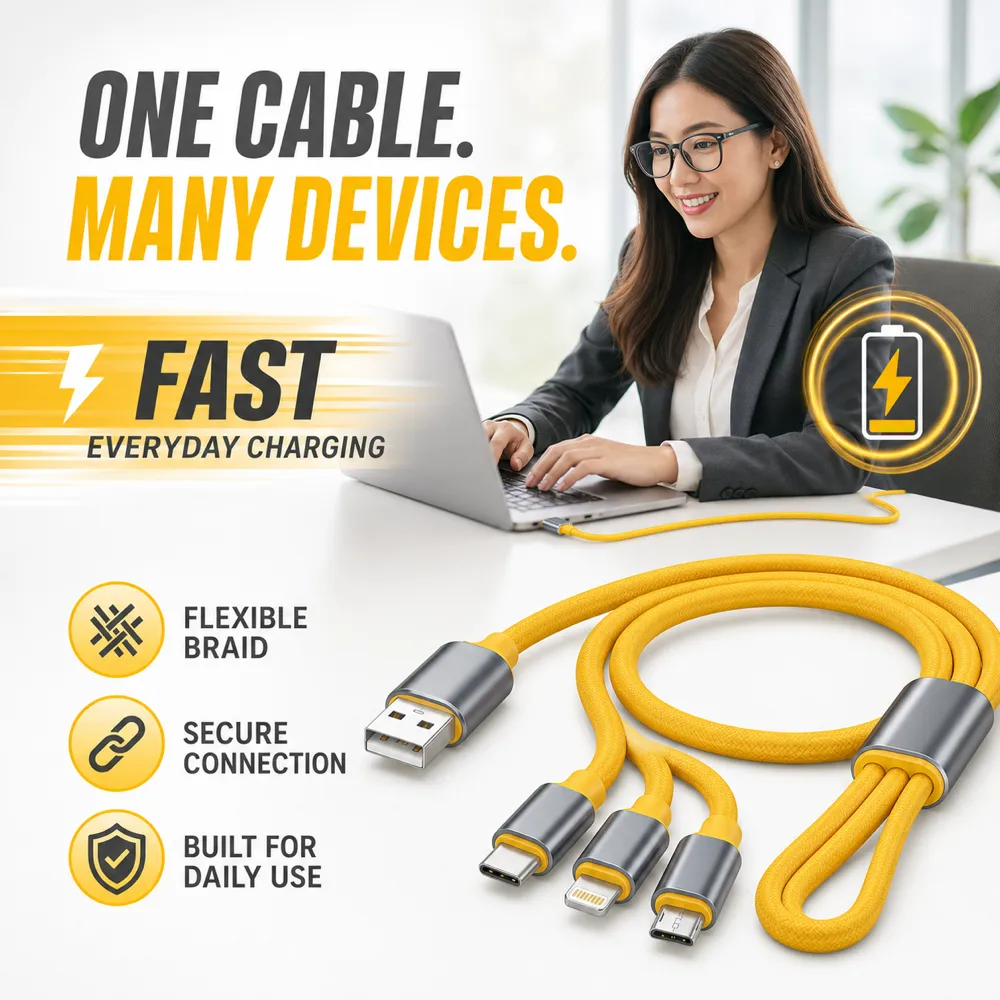 Yellow 3-in-1 Fast Charging Cable for Devices｜AI Image Generation Prompts