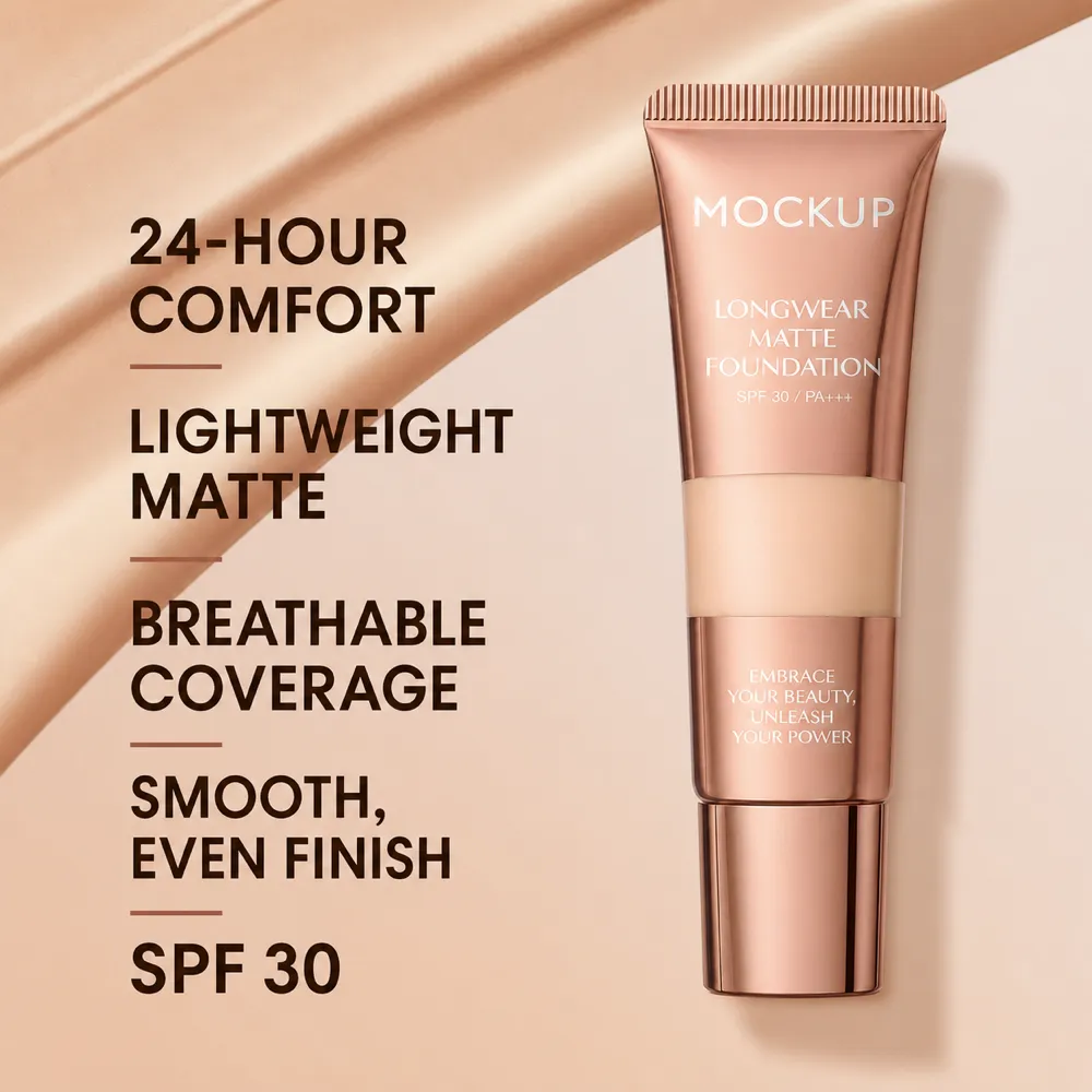 Longwear Matte Foundation Tube Mockup with SPF 30｜AI Image Generation Prompts