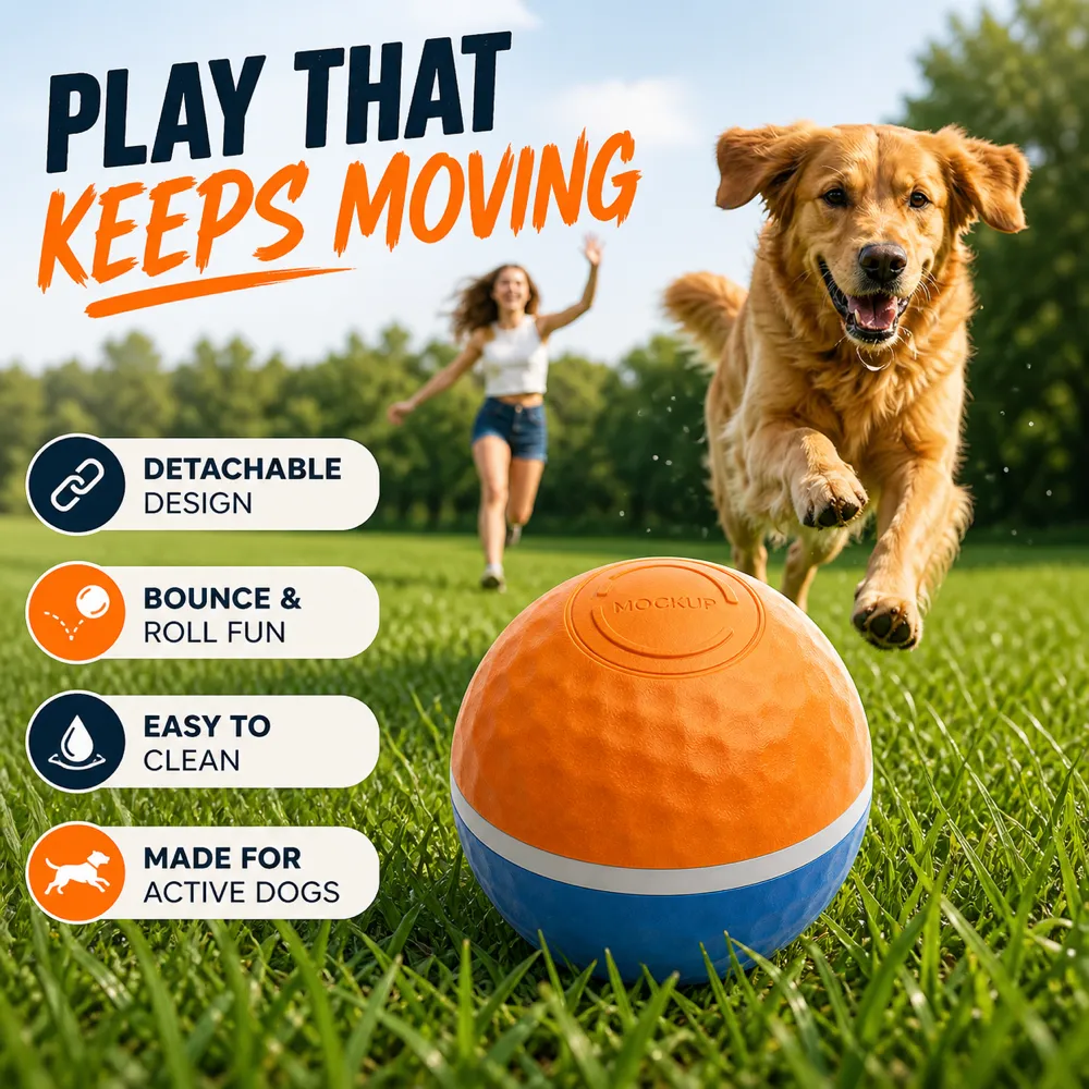 Active Dog Toy Ball Mockup with Golden Retriever｜AI Image Generation Prompts