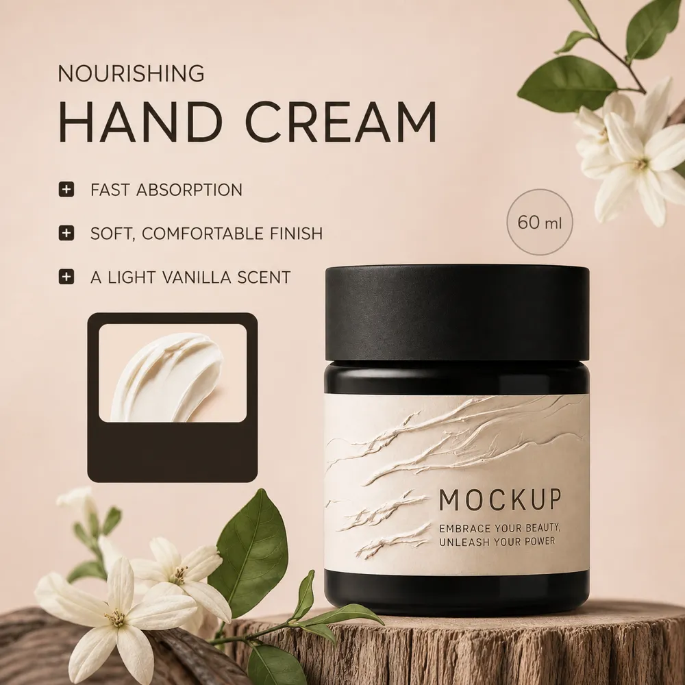 Nourishing Hand Cream Jar Mockup with Flowers｜AI Image Generation Prompts
