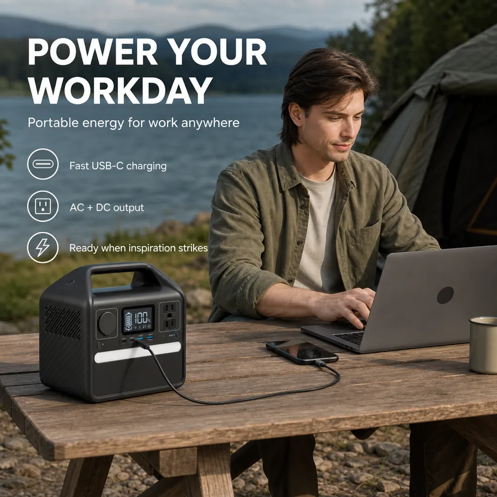 Man working at campsite with portable power station｜AI Image Generation Prompts