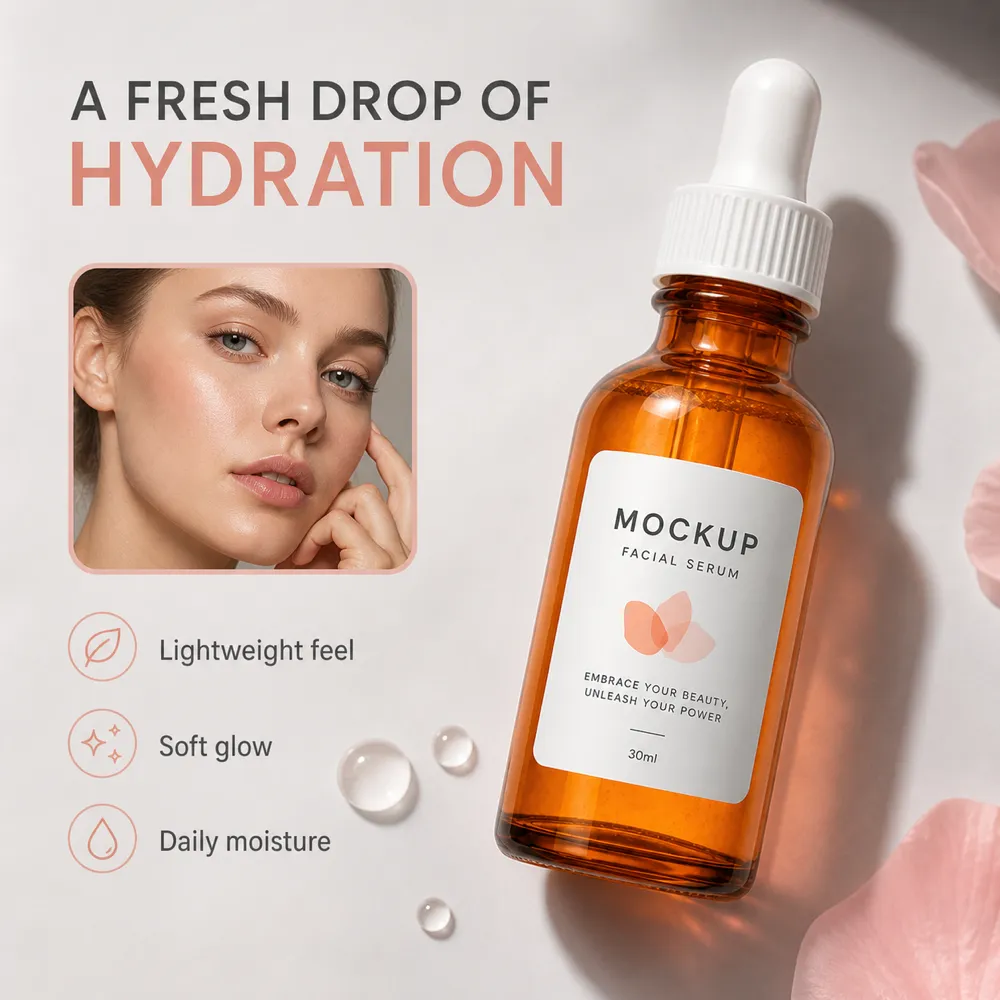 Facial Serum Mockup Bottle with Hydration Benefits｜AI Image Generation Prompts