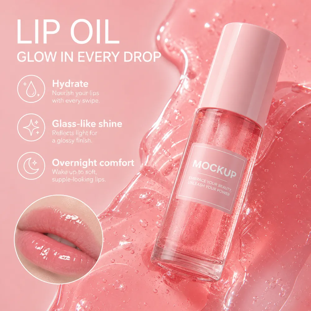 Pink Lip Oil Mockup with Glossy Finish｜AI Image Generation Prompts
