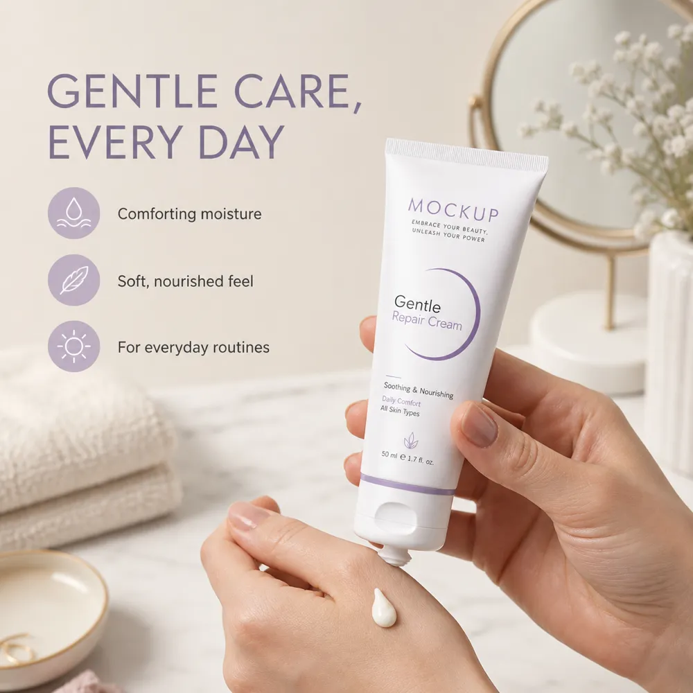 Gentle Repair Cream Tube Mockup Held in Hand｜AI Image Generation Prompts
