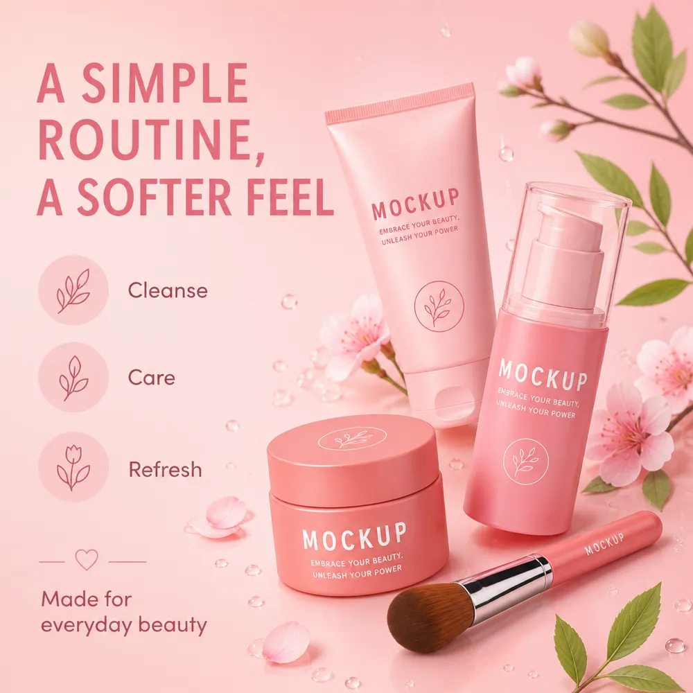 Pink Skincare Mockup Set with Brush and Flowers｜AI Image Generation Prompts