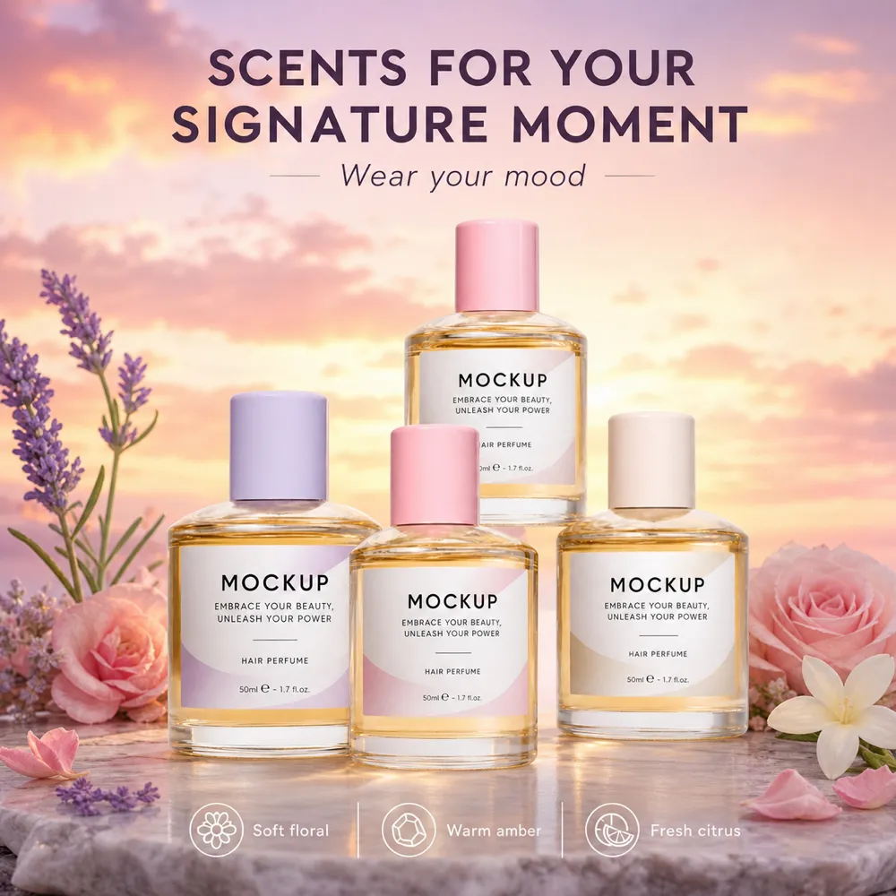 Hair Perfume Bottle Mockups with Floral Sunset Background｜AI Image Generation Prompts