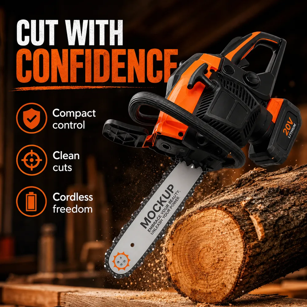 Orange Cordless Chainsaw Cutting Wood Mockup｜AI Image Generation Prompts