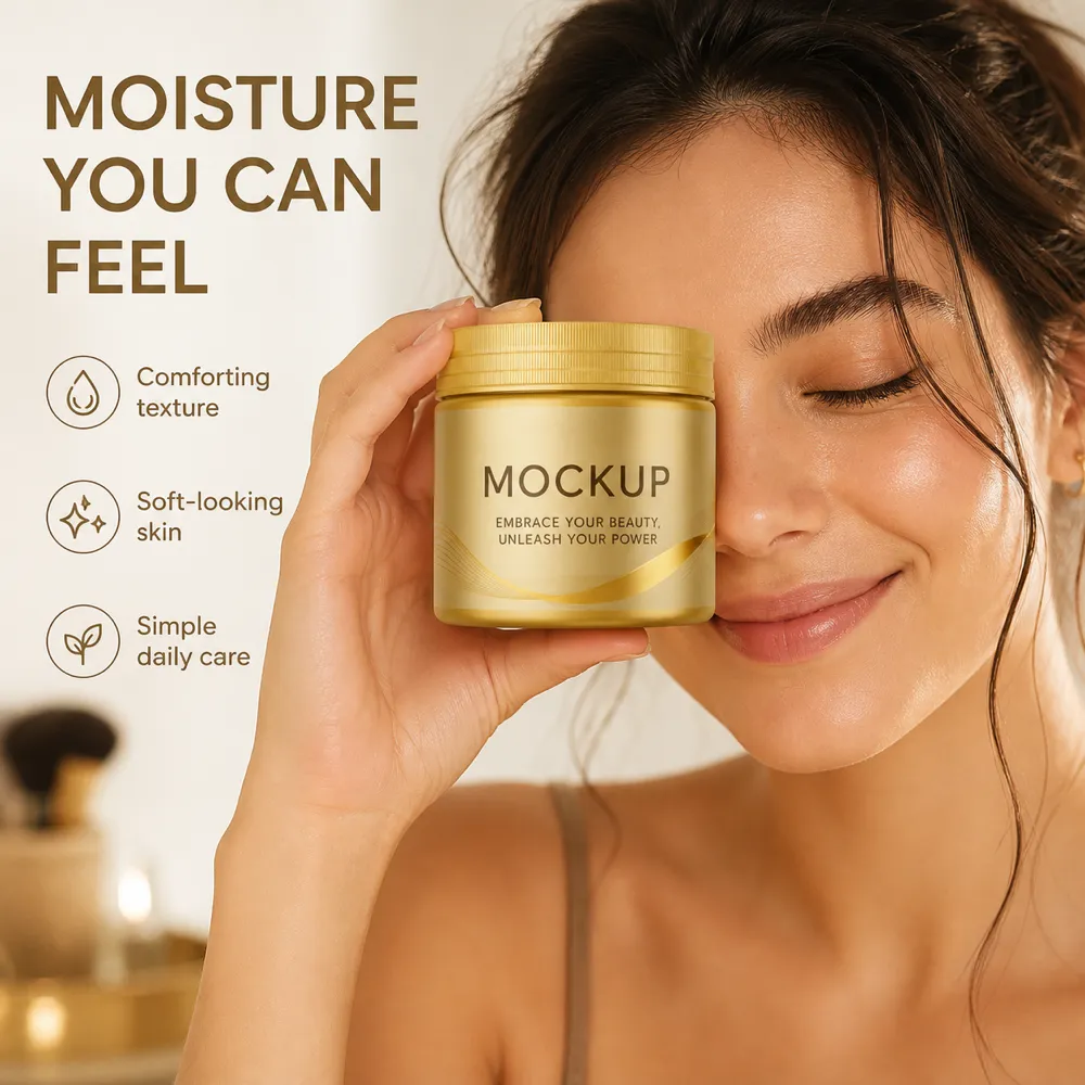 Woman holding gold cream jar mockup for skincare｜AI Image Generation Prompts