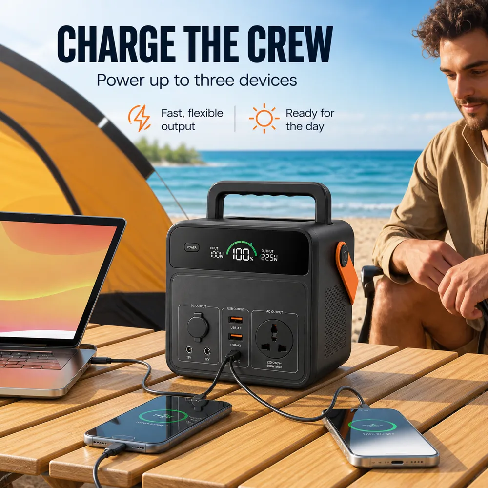 Portable Power Station Charging Devices at Beach｜AI Image Generation Prompts