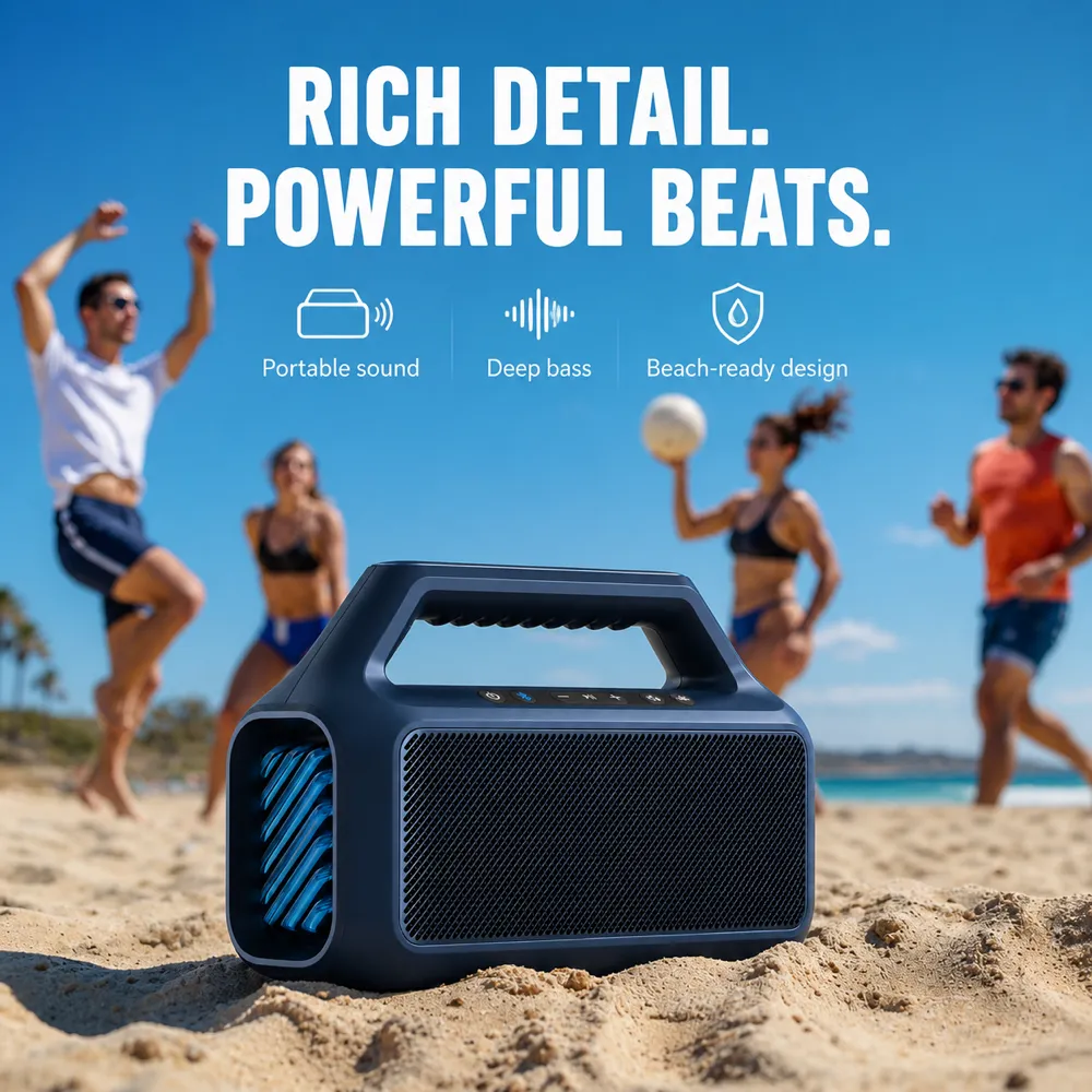 Portable Speaker on Beach with People Playing｜AI Image Generation Prompts