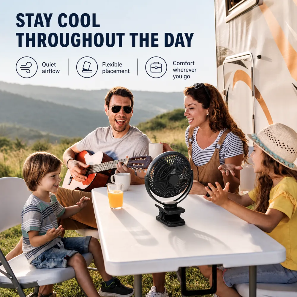 Family enjoying portable fan while camping outdoors｜AI Image Generation Prompts