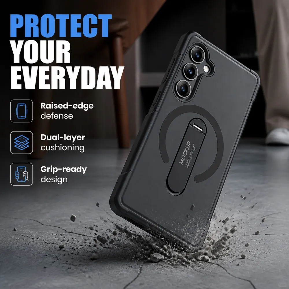 Rugged Black Phone Case with Magnetic Ring and Kickstand｜AI Image Generation Prompts