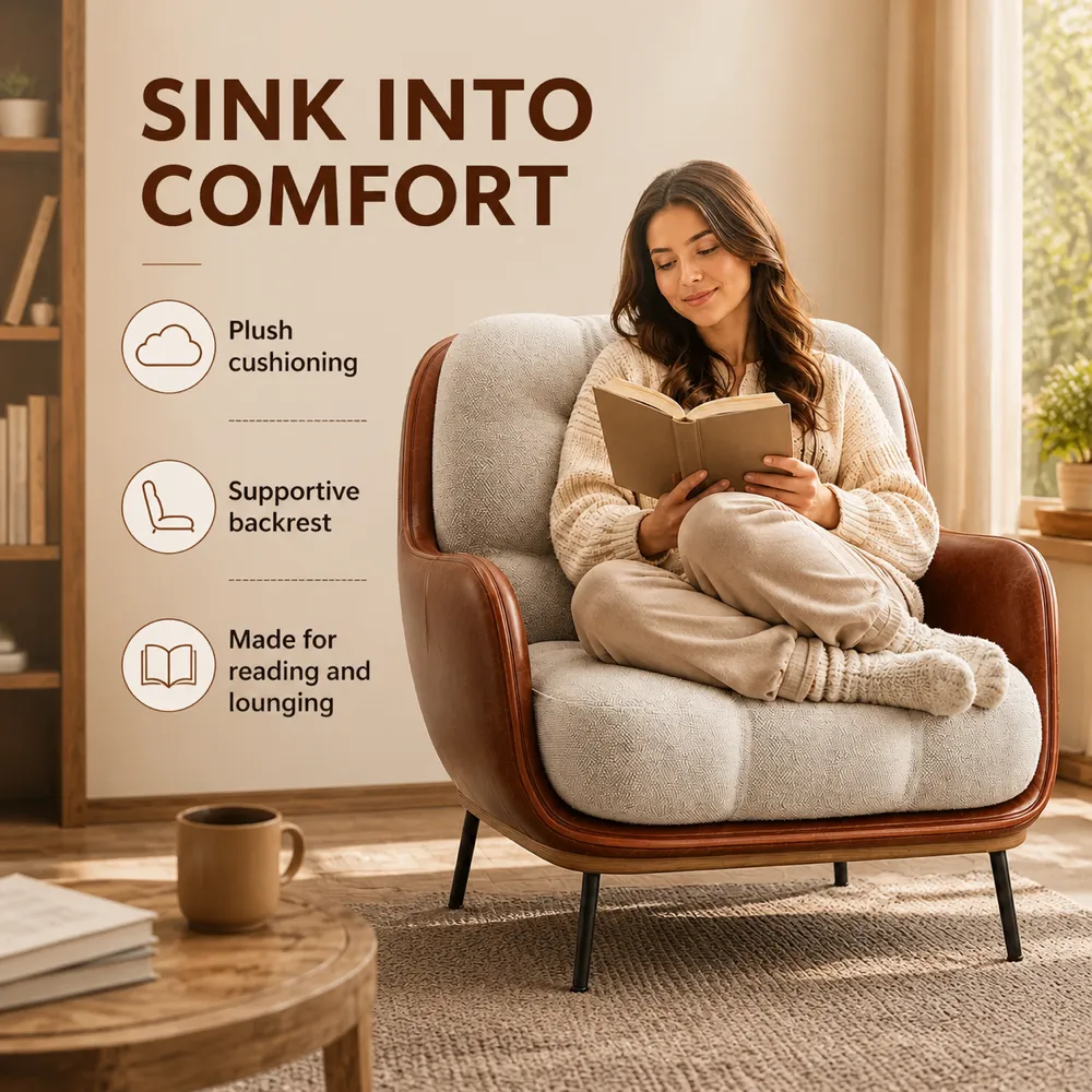 Woman reading book in a comfortable plush armchair｜AI Image Generation Prompts