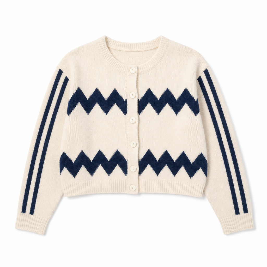 Synthetic ivory cardigan on a white background with navy zigzag bands and sleeve stripes