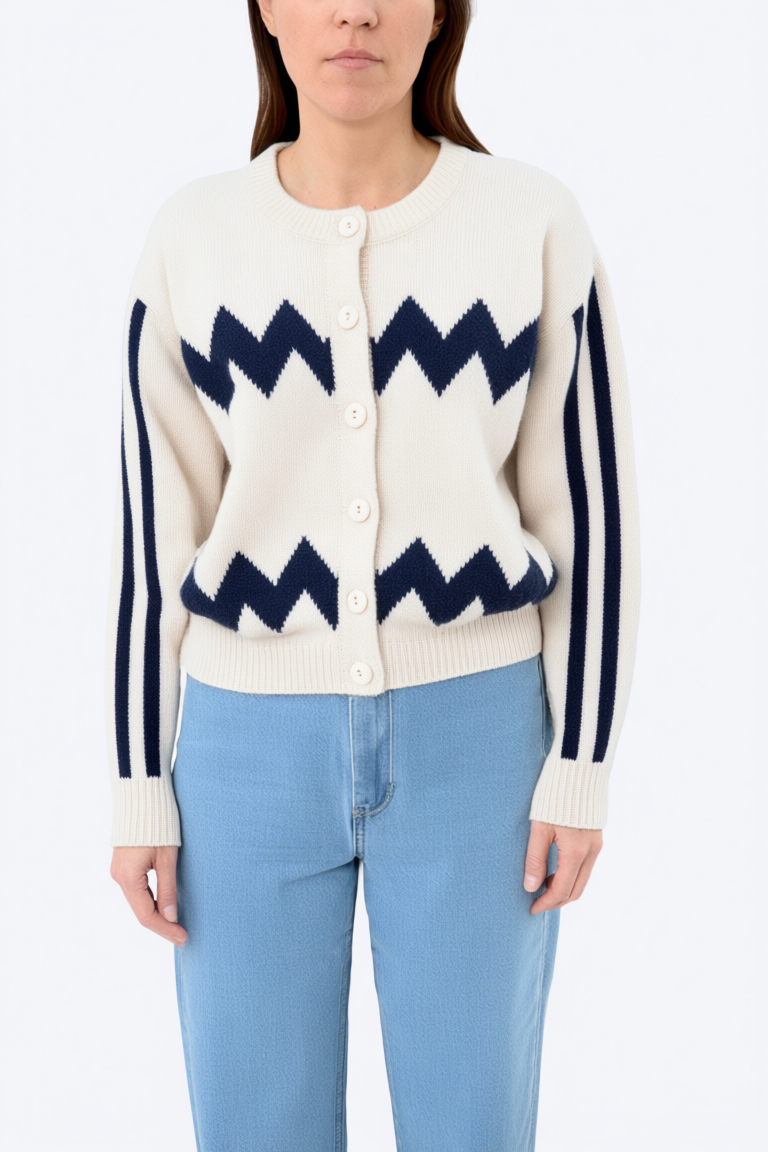 Qwen Image Edit studio try-on of the ivory zigzag cardigan