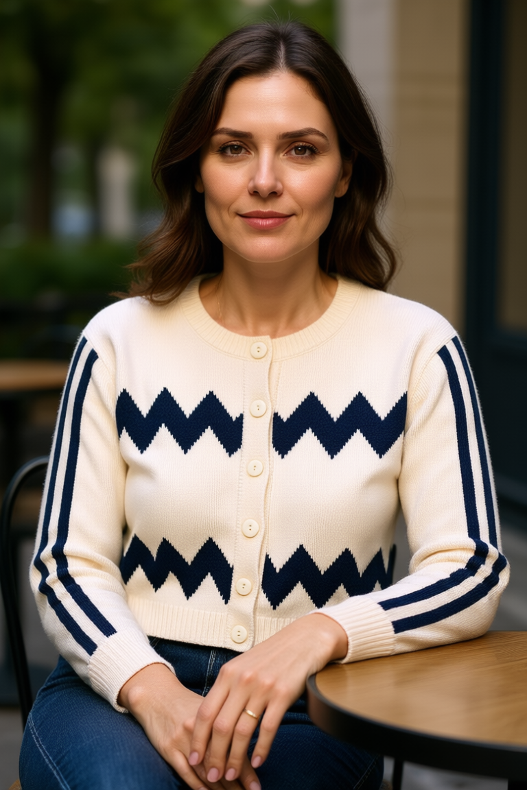 Qwen Image Edit cafe lifestyle image of the ivory zigzag cardigan