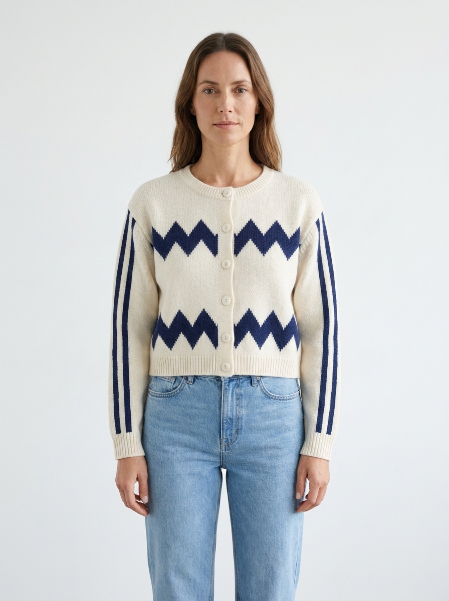 Nano Banana Pro studio try-on of the ivory zigzag cardigan