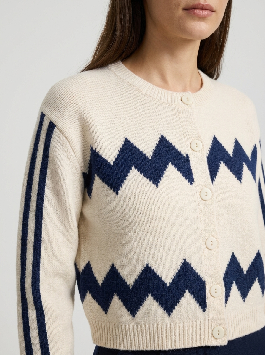 Nano Banana Pro close apparel detail of the ivory zigzag cardigan