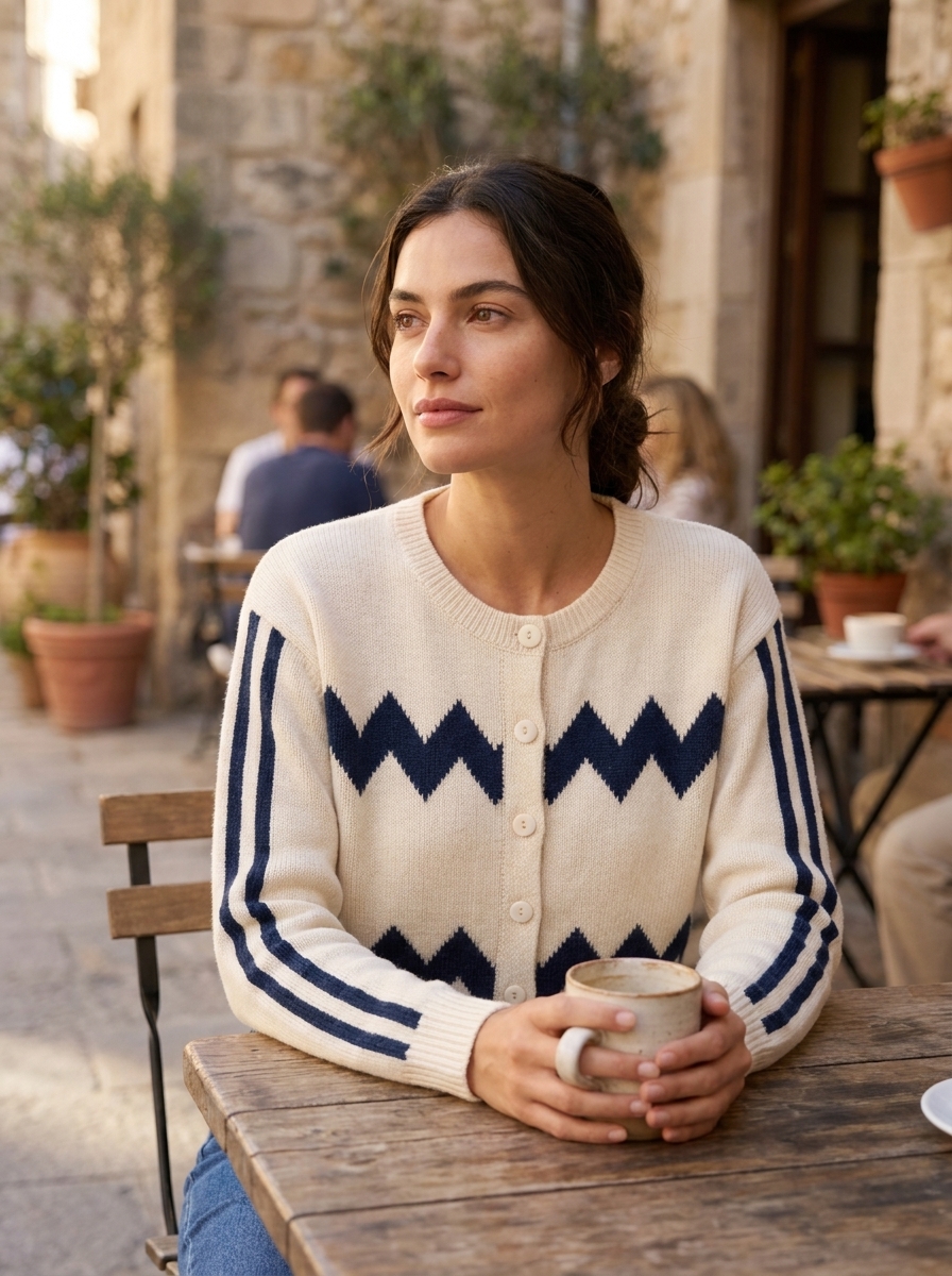 Nano Banana Pro cafe lifestyle image of the ivory zigzag cardigan