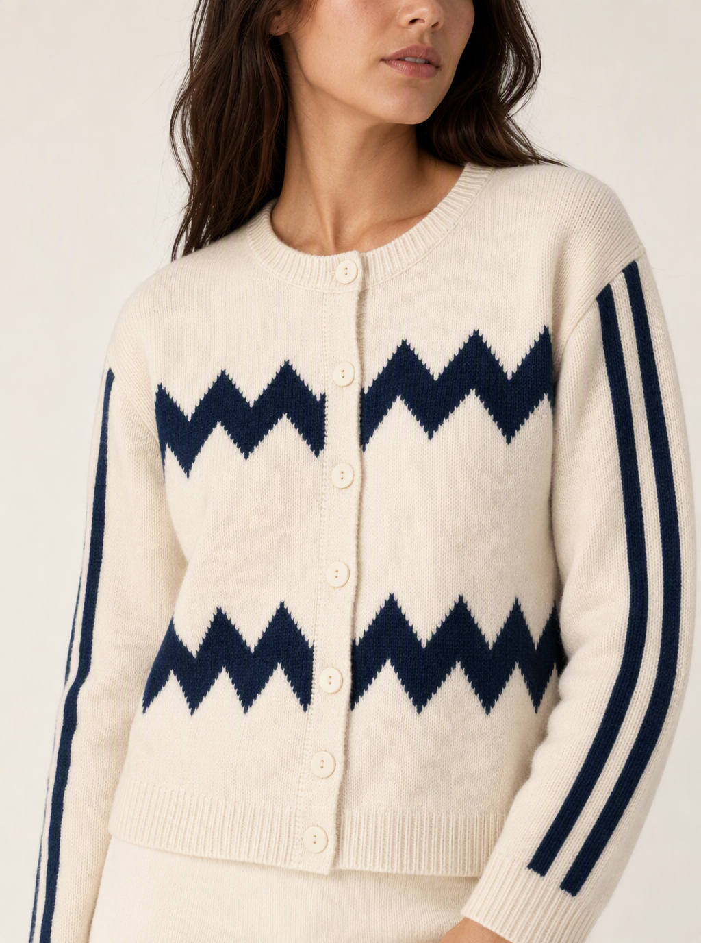 GPT Image 2 close apparel detail of the ivory zigzag cardigan