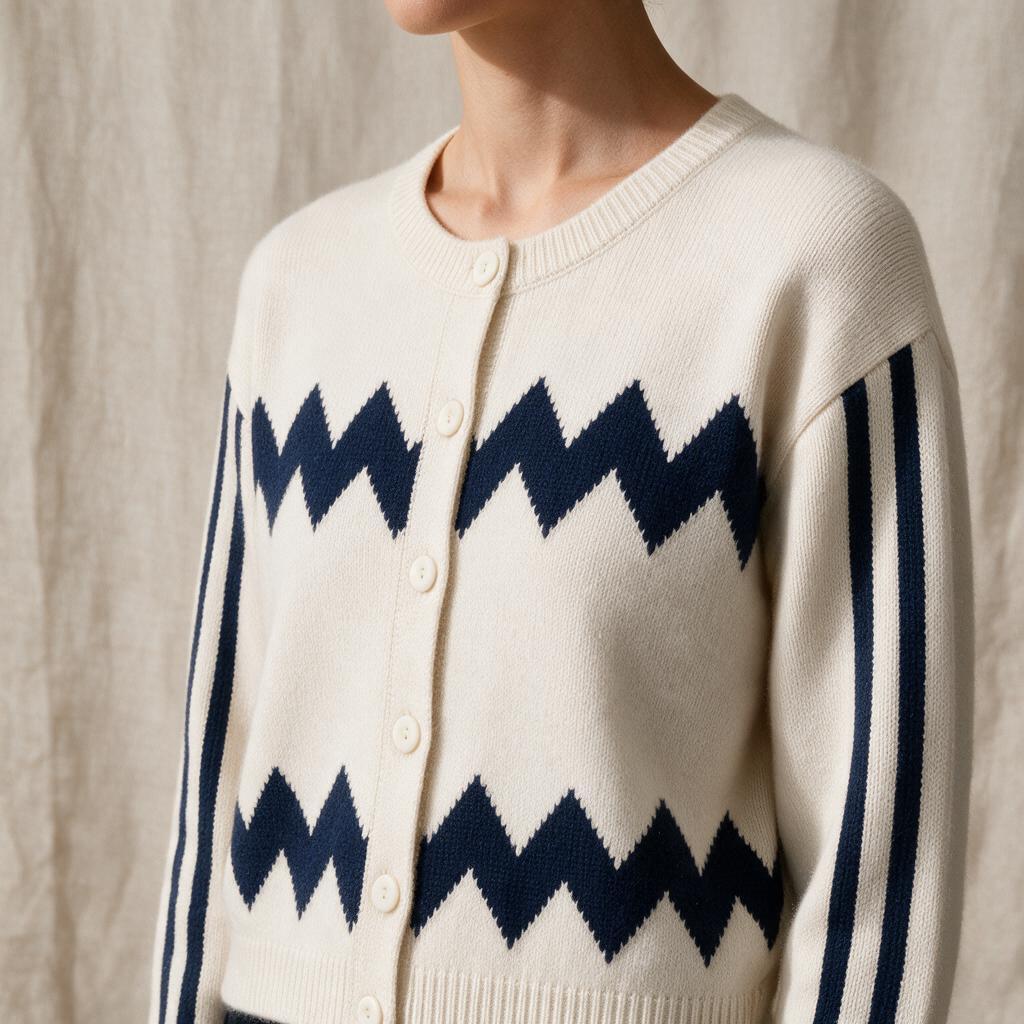 Seedream 5.0 Pro close apparel detail of the ivory zigzag cardigan