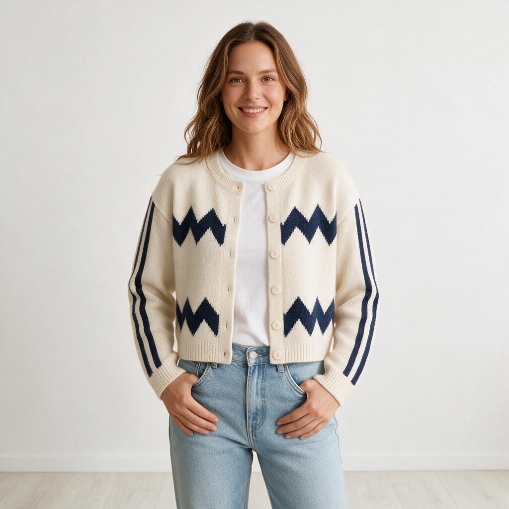 Seedream 5.0 Pro studio try-on of the ivory zigzag cardigan