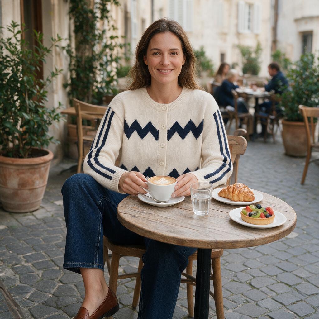 Seedream 5.0 Pro cafe lifestyle image of the ivory zigzag cardigan