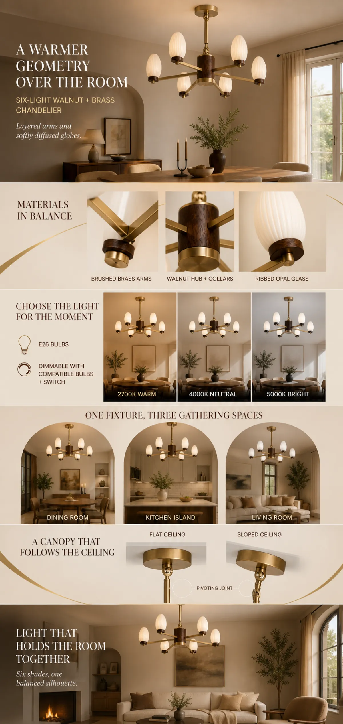 Six-Light Walnut and Brass Chandelier Overview｜AI Image Generation Prompts