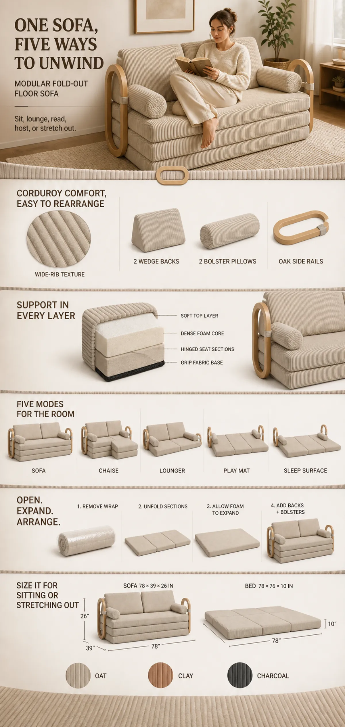 Modular Corduroy Fold-Out Floor Sofa Infographic｜AI Image Generation Prompts